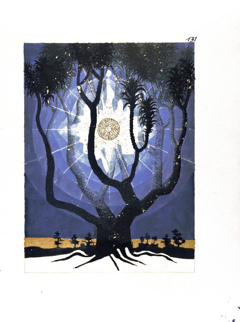 A painting of trees with the sun shining through.